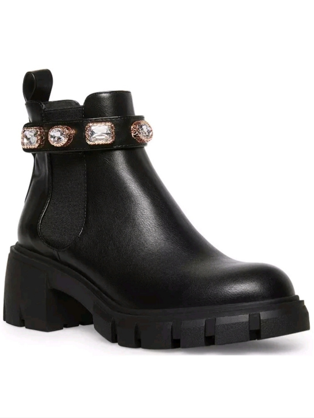 Madden Girl Honeyy Women Black Jeweled Strap Chelsea Boots Size 7.5 Chunky Heel